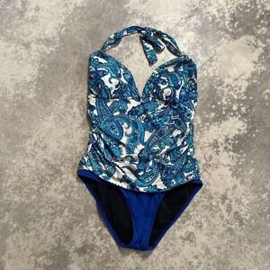 Chaps Sz 12‎ Retro Paisley Halter Swimsuit Blue White Sweetheart Shirred